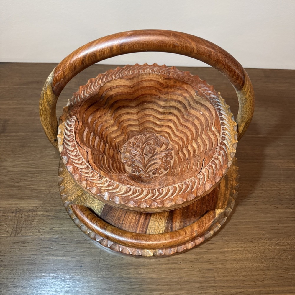 Vintage Hand Carved Wood Collapsible Spiral Basket Floral Folding Trivet Cottage